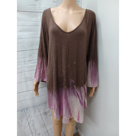 LB Lucky Blessed Tops - L&B Lucky & Blessed Womens Pullover Brown Pink Top XL Asymmetric NWT
